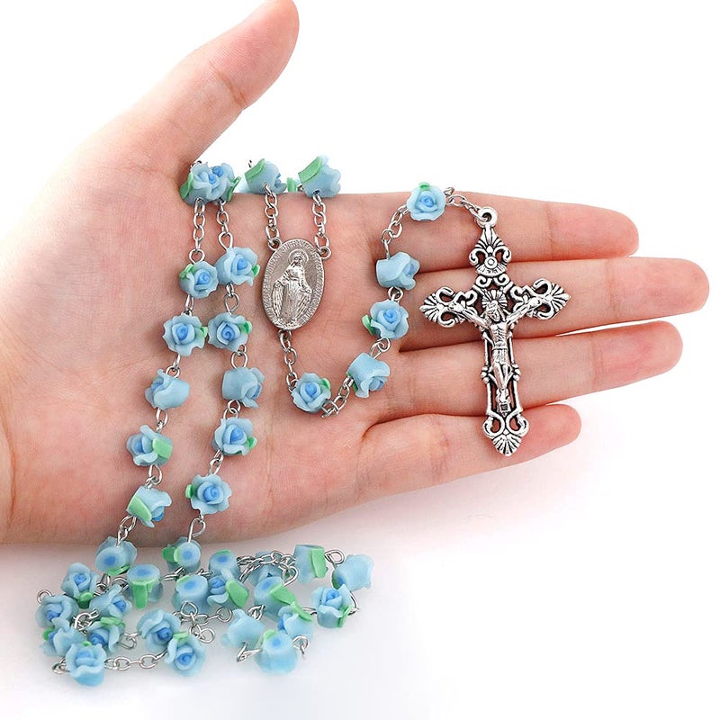 YWLI Rosary Beads Catholic - 6 Color, Confirmation Gifts for Teenage Girl, Charm Polymer Clay Rose Necklace Jewelry, Silver Alloy Cross Necklace for Women, Gifts for Women - Image 2